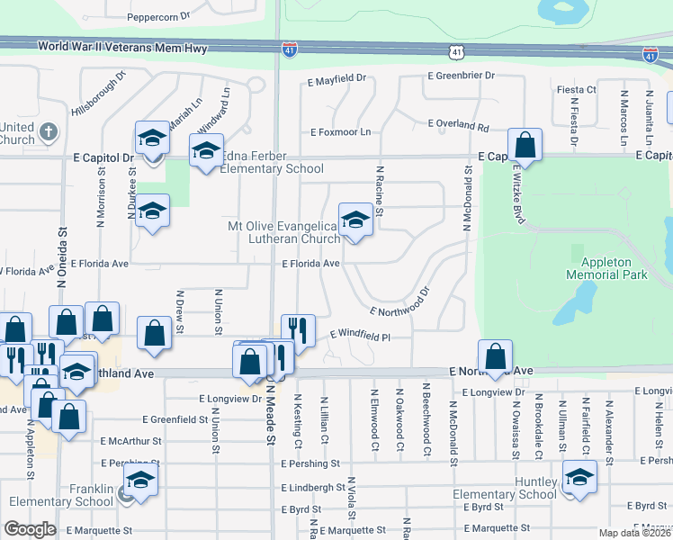 map of restaurants, bars, coffee shops, grocery stores, and more near 913 East Northwood Drive in Appleton
