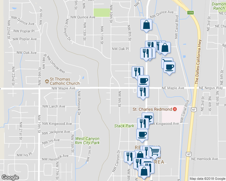 map of restaurants, bars, coffee shops, grocery stores, and more near 1552 Northwest Canyon Drive in Redmond