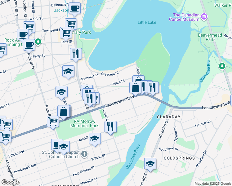 map of restaurants, bars, coffee shops, grocery stores, and more near 85 Princess Street in Peterborough