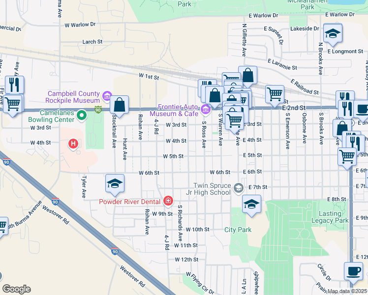 map of restaurants, bars, coffee shops, grocery stores, and more near 404 South Richards Avenue in Gillette