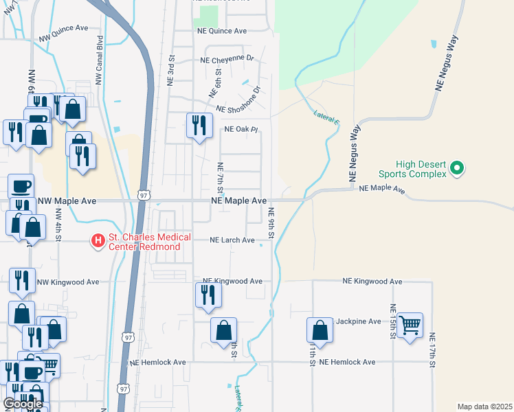 map of restaurants, bars, coffee shops, grocery stores, and more near 1537 Northeast 8th Street in Redmond