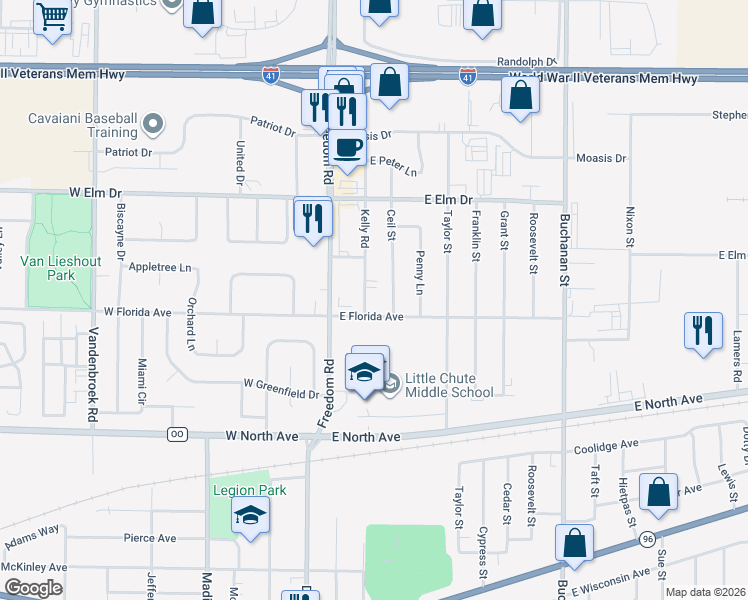 map of restaurants, bars, coffee shops, grocery stores, and more near 1650 Ceil Street in Little Chute