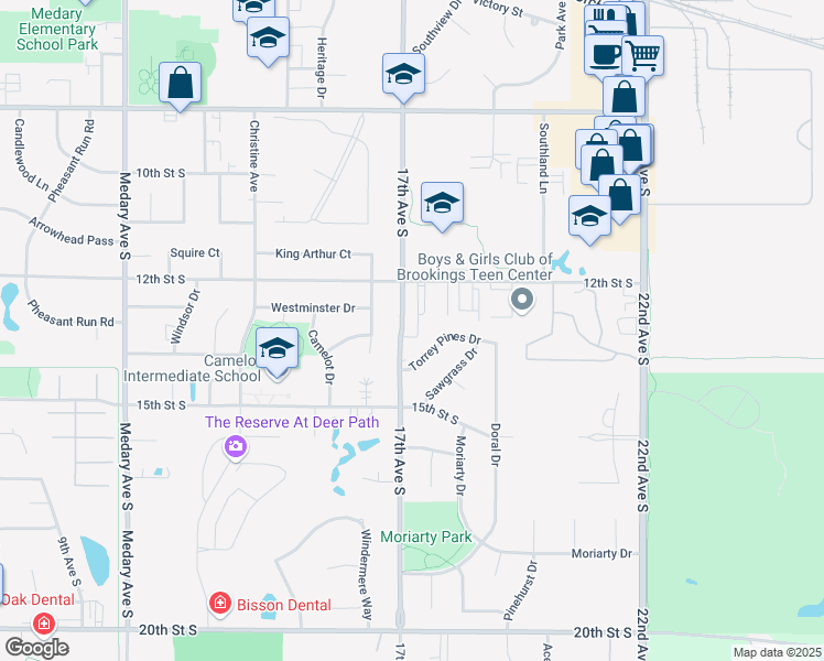 map of restaurants, bars, coffee shops, grocery stores, and more near 1233 17th Avenue South in Brookings