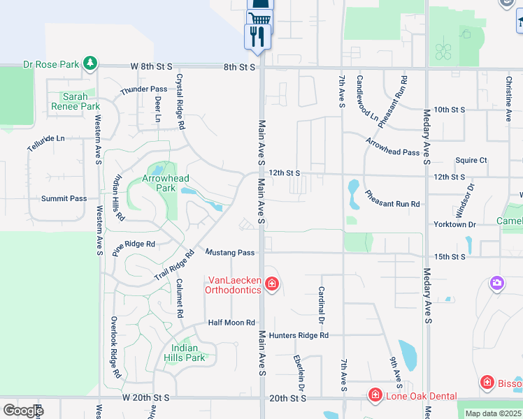 map of restaurants, bars, coffee shops, grocery stores, and more near Main Avenue South in Brookings