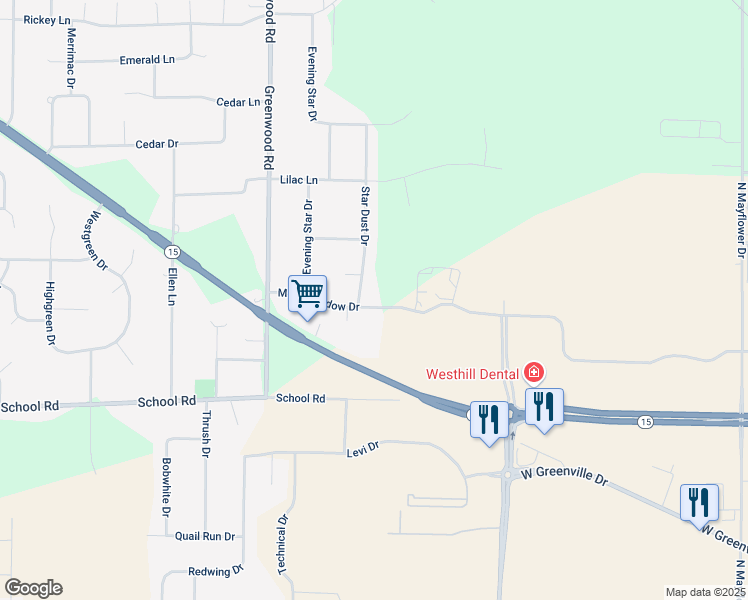 map of restaurants, bars, coffee shops, grocery stores, and more near W6418 Moon Shadow Drive in Greenville