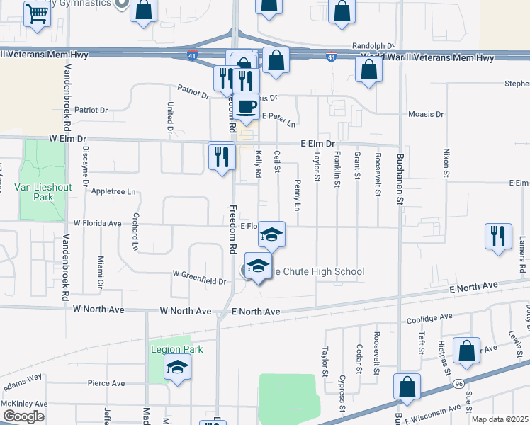 map of restaurants, bars, coffee shops, grocery stores, and more near 1650 Kelly Road in Little Chute