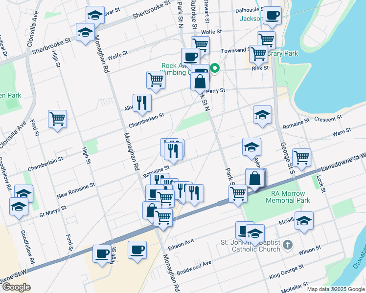 map of restaurants, bars, coffee shops, grocery stores, and more near in Peterborough