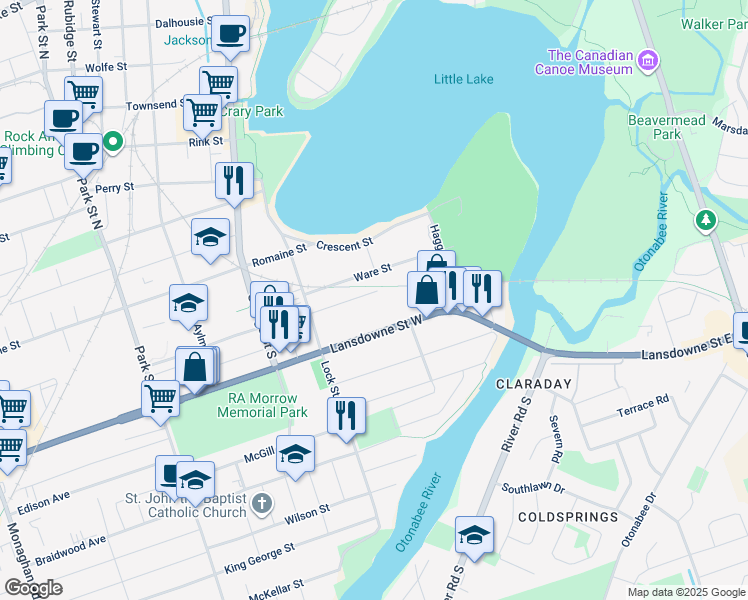 map of restaurants, bars, coffee shops, grocery stores, and more near 85 Princess Street in Peterborough