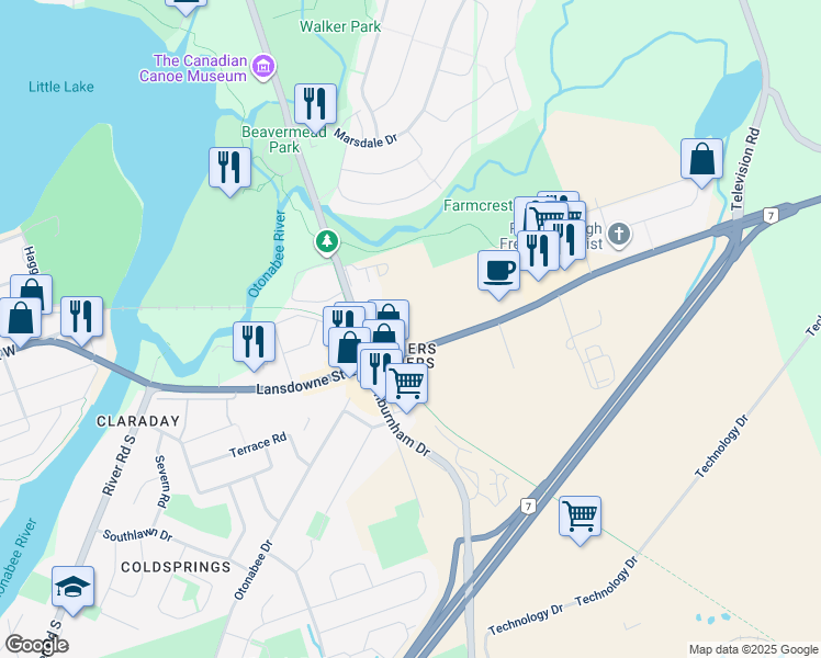 map of restaurants, bars, coffee shops, grocery stores, and more near 246 Lansdowne Street East in Peterborough