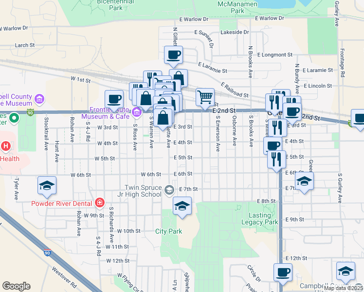 map of restaurants, bars, coffee shops, grocery stores, and more near in Gillette