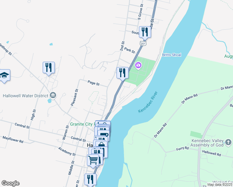map of restaurants, bars, coffee shops, grocery stores, and more near 64 Water Street in Hallowell