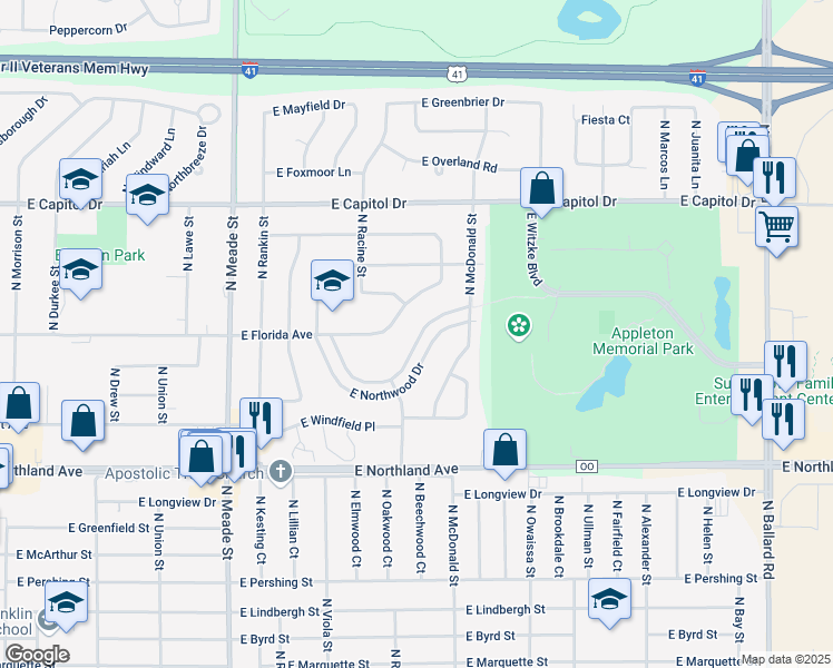 map of restaurants, bars, coffee shops, grocery stores, and more near 1038 East Northwood Drive in Appleton