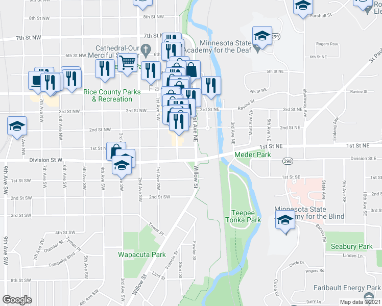 map of restaurants, bars, coffee shops, grocery stores, and more near 12 1st Avenue Northeast in Faribault