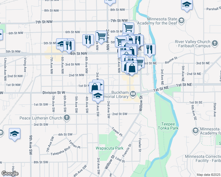 map of restaurants, bars, coffee shops, grocery stores, and more near 127 1st Street Northwest in Faribault