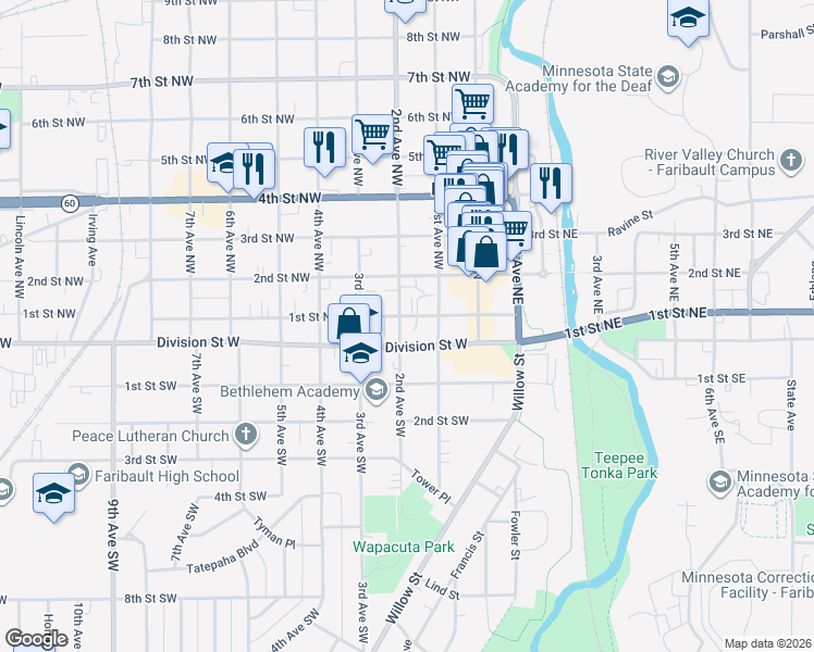 map of restaurants, bars, coffee shops, grocery stores, and more near 127 1st Street Northwest in Faribault