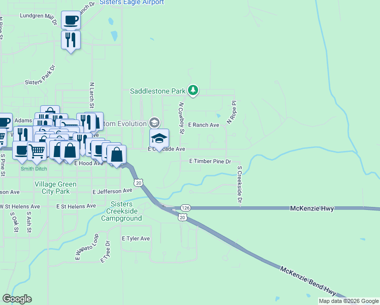 map of restaurants, bars, coffee shops, grocery stores, and more near 923 East Timber Pine Drive in Sisters