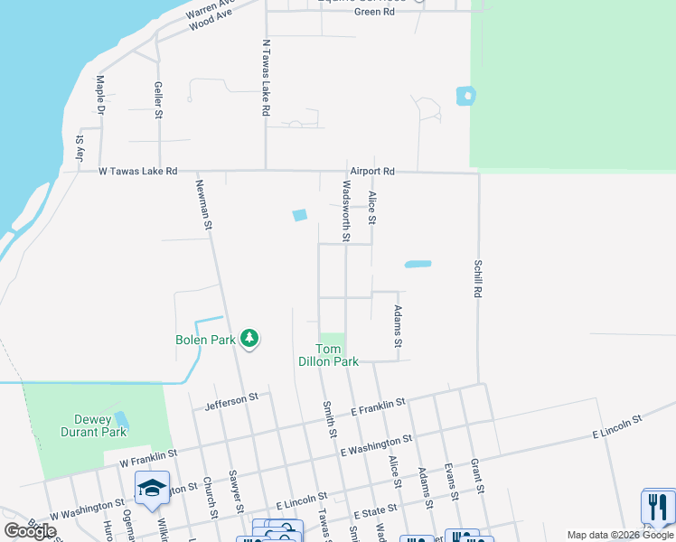 map of restaurants, bars, coffee shops, grocery stores, and more near 401-499 Bennington Street in East Tawas