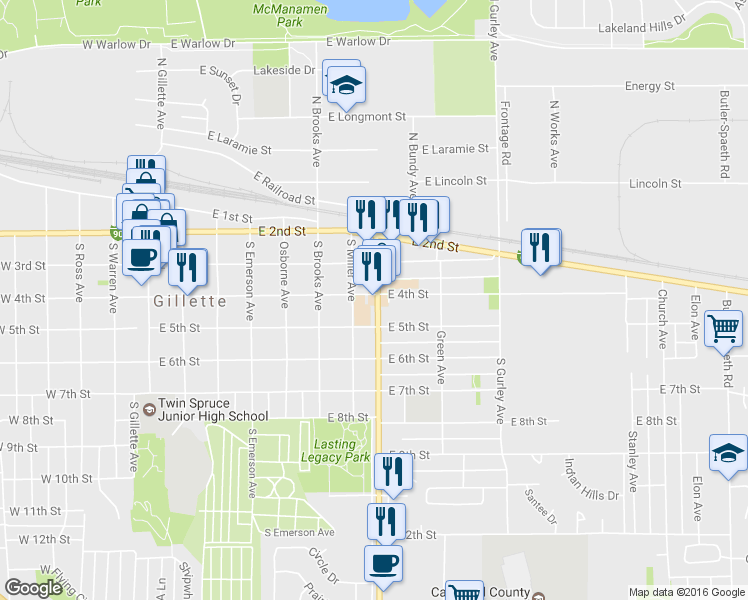 map of restaurants, bars, coffee shops, grocery stores, and more near 499 South Miller Avenue in Gillette