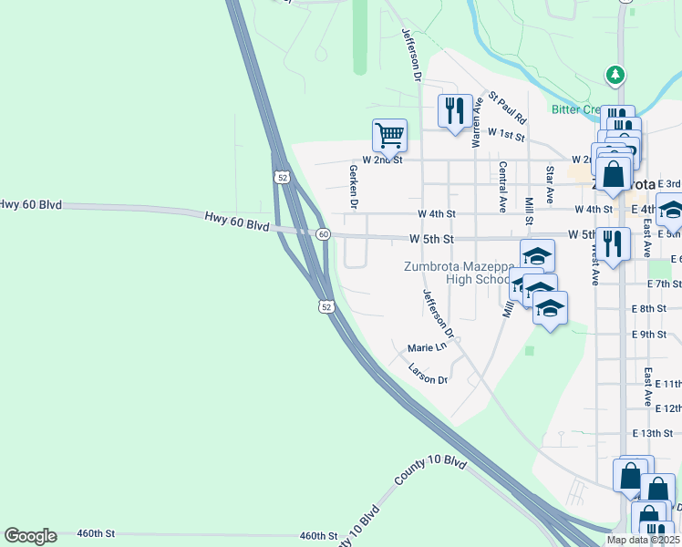 map of restaurants, bars, coffee shops, grocery stores, and more near 600 Zumbrota Avenue in Zumbrota