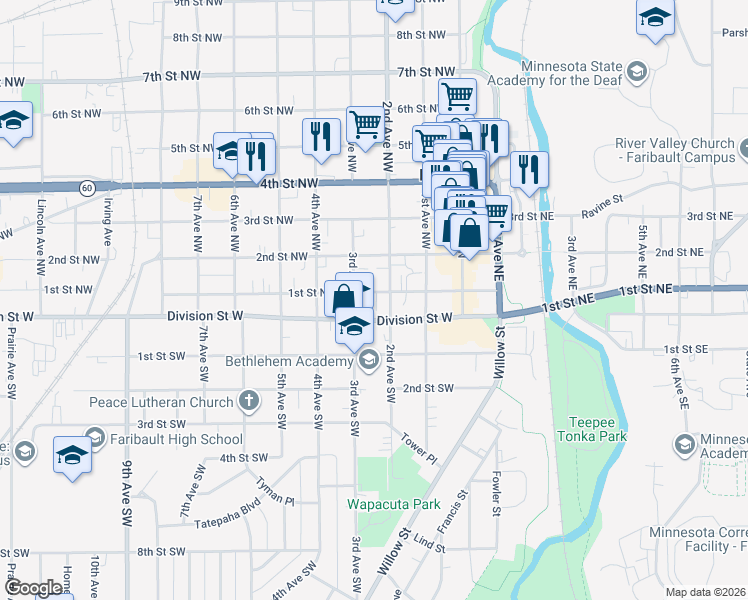 map of restaurants, bars, coffee shops, grocery stores, and more near 211 1st Street Northwest in Faribault