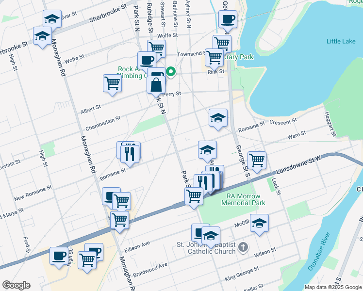 map of restaurants, bars, coffee shops, grocery stores, and more near in Peterborough