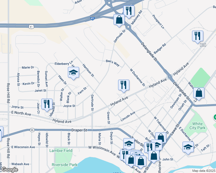map of restaurants, bars, coffee shops, grocery stores, and more near in Kaukauna