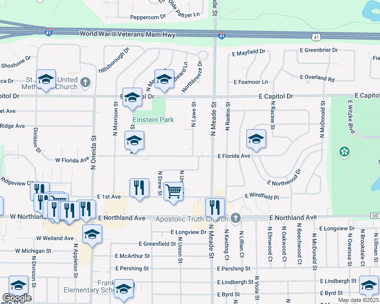 map of restaurants, bars, coffee shops, grocery stores, and more near 600 East Vermont Avenue in Appleton