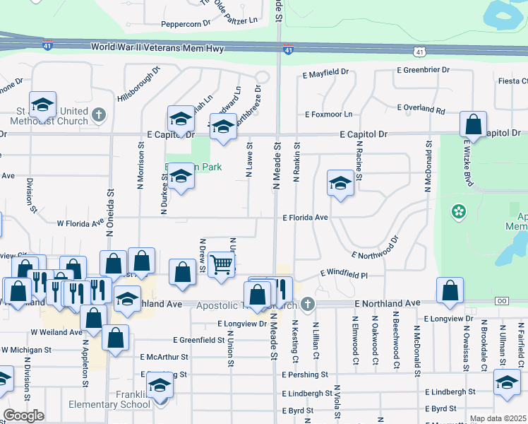 map of restaurants, bars, coffee shops, grocery stores, and more near 3009 North Meade Street in Appleton