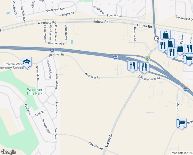 map of restaurants, bars, coffee shops, grocery stores, and more near Westover Road in Gillette