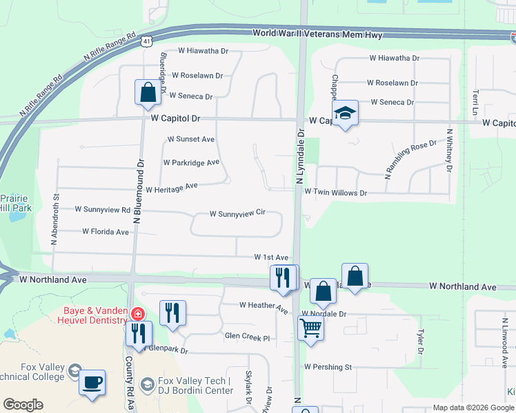map of restaurants, bars, coffee shops, grocery stores, and more near 2621 West Sunnyview Road in Appleton