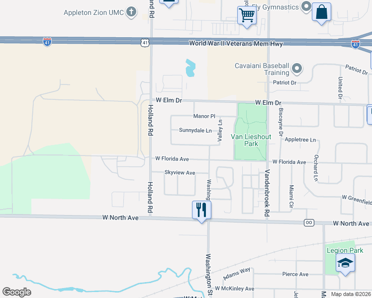 map of restaurants, bars, coffee shops, grocery stores, and more near 949 West Florida Avenue in Little Chute