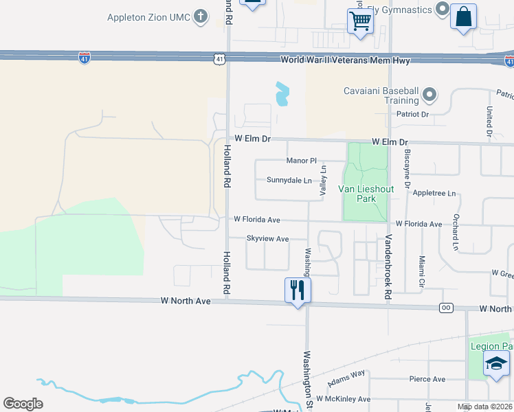 map of restaurants, bars, coffee shops, grocery stores, and more near 1019 West Florida Avenue in Little Chute