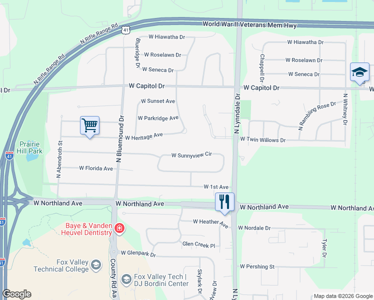 map of restaurants, bars, coffee shops, grocery stores, and more near 2629 West Sunnyview Road in Appleton