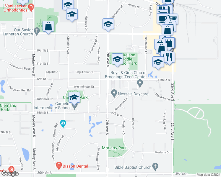 map of restaurants, bars, coffee shops, grocery stores, and more near 1225 17th Avenue South in Brookings