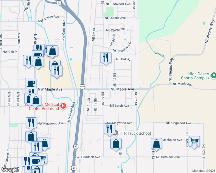 map of restaurants, bars, coffee shops, grocery stores, and more near 1707 Northeast 7th Street in Redmond
