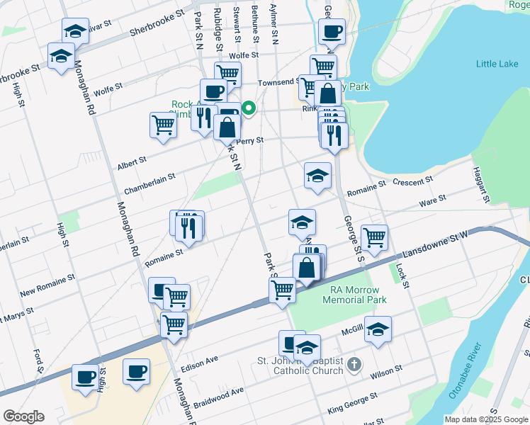 map of restaurants, bars, coffee shops, grocery stores, and more near in Peterborough