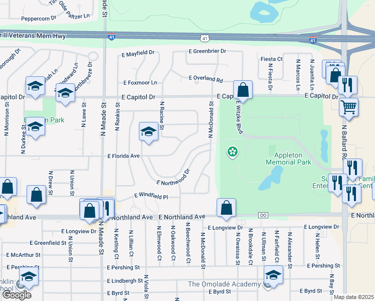 map of restaurants, bars, coffee shops, grocery stores, and more near 1040 East Florida Avenue in Appleton