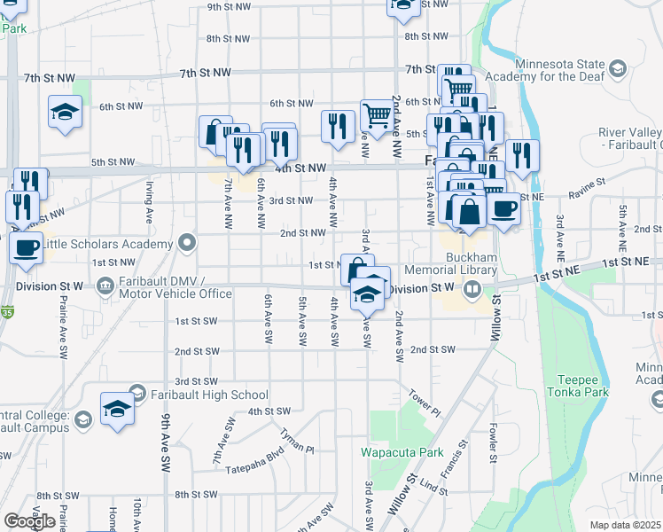 map of restaurants, bars, coffee shops, grocery stores, and more near 117 4th Avenue Northwest in Faribault