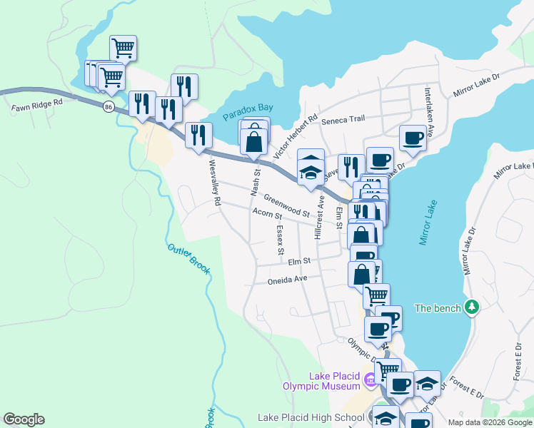 map of restaurants, bars, coffee shops, grocery stores, and more near 60 Acorn Street in Lake Placid