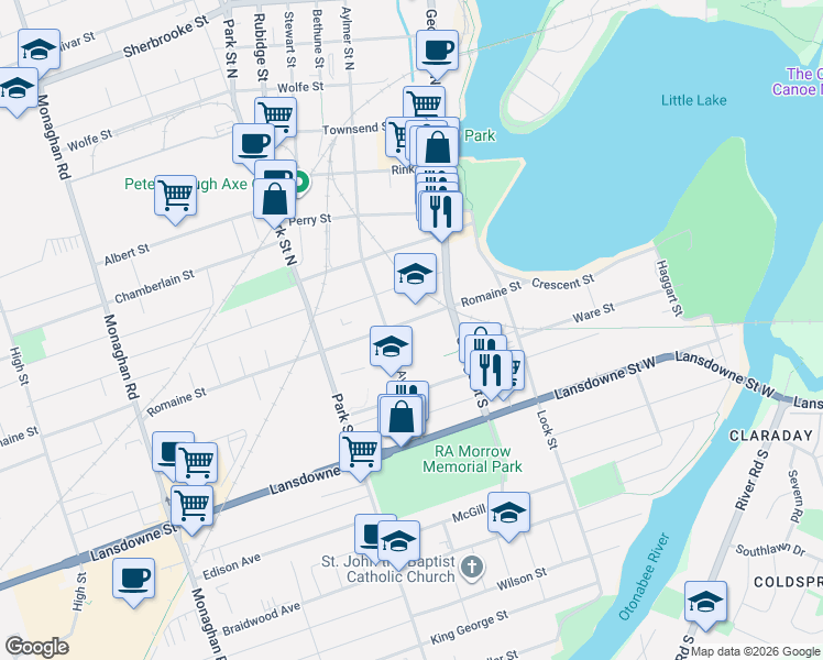 map of restaurants, bars, coffee shops, grocery stores, and more near 201 Romaine Street in Peterborough