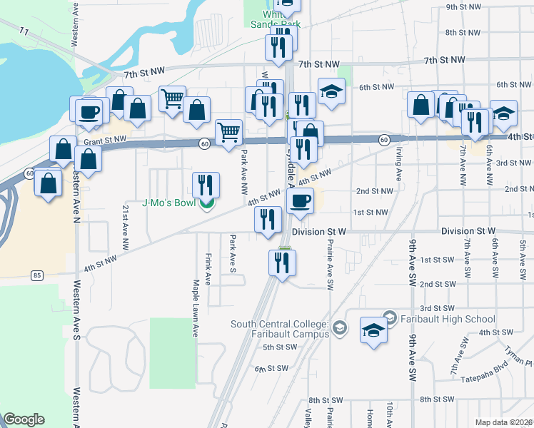 map of restaurants, bars, coffee shops, grocery stores, and more near 1631 4th Street Northwest in Faribault