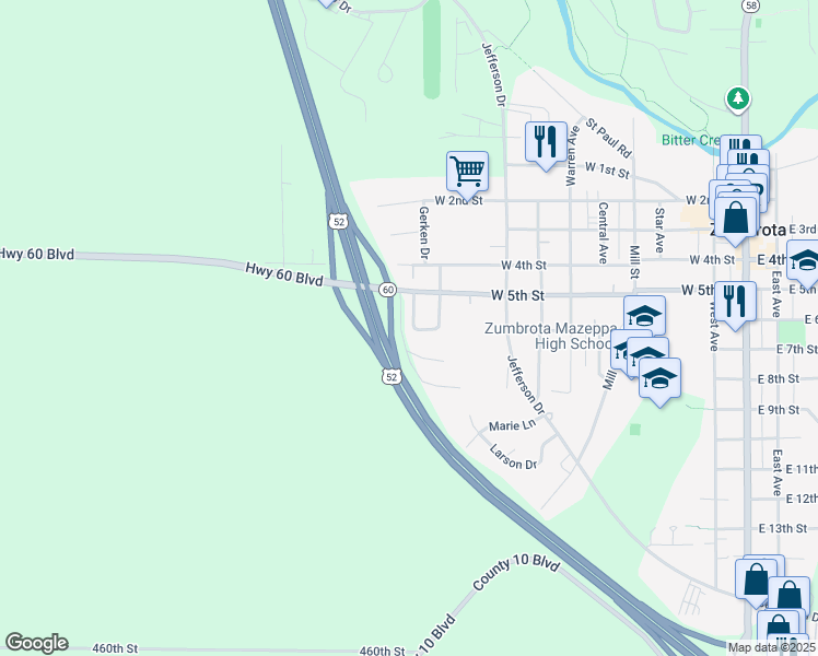 map of restaurants, bars, coffee shops, grocery stores, and more near 600 Zumbrota Avenue in Zumbrota