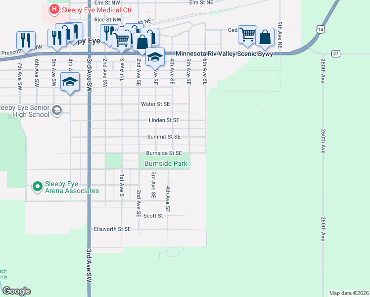 map of restaurants, bars, coffee shops, grocery stores, and more near 417 Summit Street Southeast in Sleepy Eye