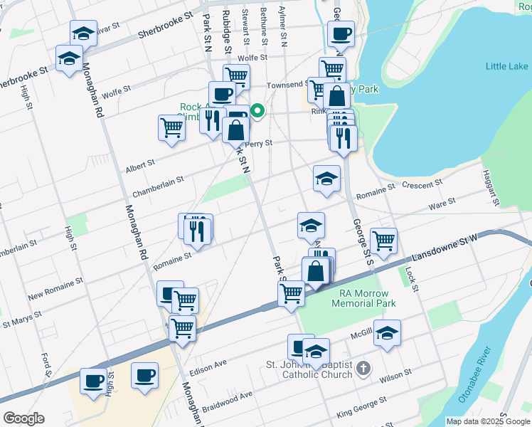 map of restaurants, bars, coffee shops, grocery stores, and more near in Peterborough