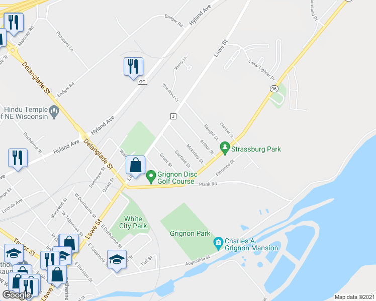 map of restaurants, bars, coffee shops, grocery stores, and more near 129 Mckinley Street in Kaukauna