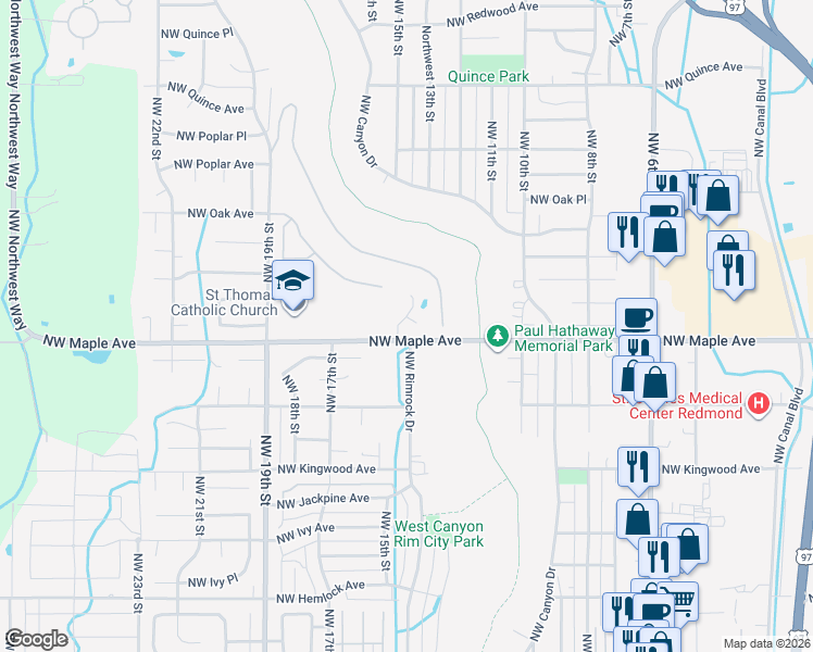 map of restaurants, bars, coffee shops, grocery stores, and more near 1703 Northwest Rimrock Drive in Redmond