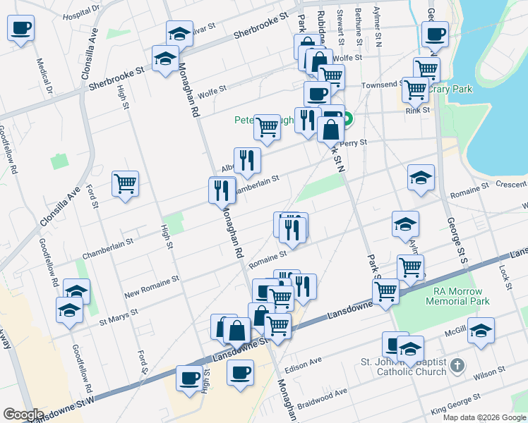 map of restaurants, bars, coffee shops, grocery stores, and more near 557 Douglas Avenue in Peterborough