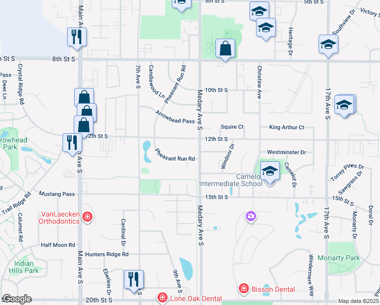 map of restaurants, bars, coffee shops, grocery stores, and more near 930 12th Street South in Brookings