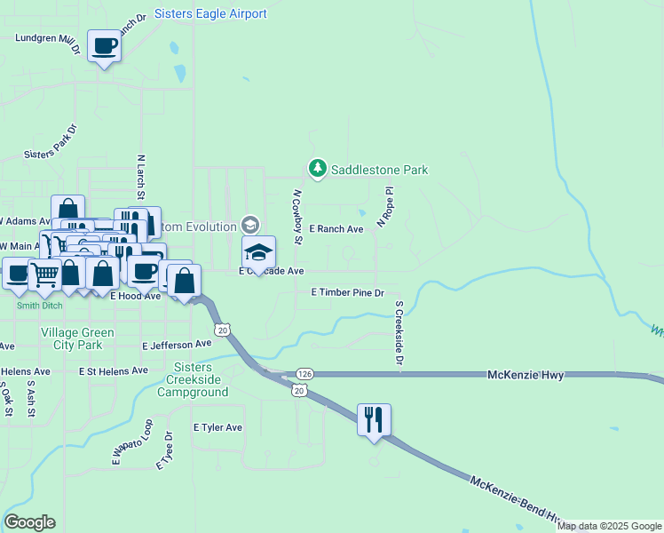map of restaurants, bars, coffee shops, grocery stores, and more near 118 North Cottage Lane in Sisters