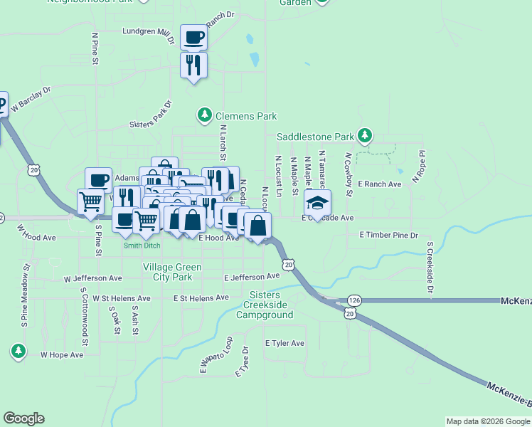 map of restaurants, bars, coffee shops, grocery stores, and more near in Sisters